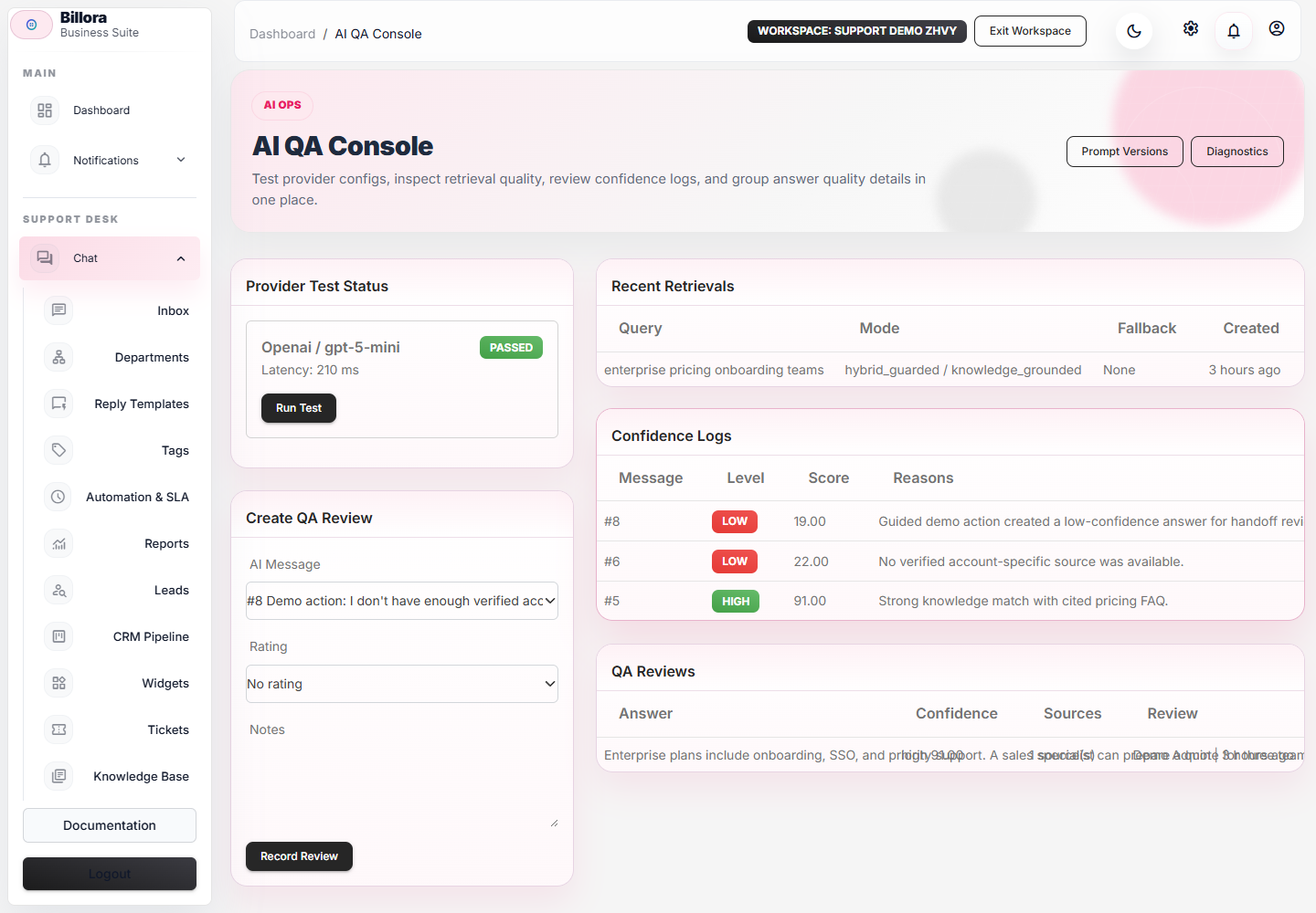 AI handoff and QA screenshot