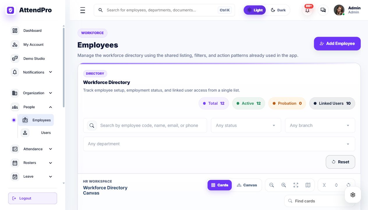 AttendPro employee list screen