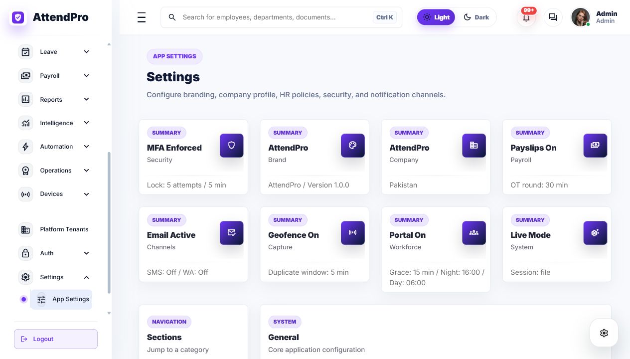 Live settings screenshot
