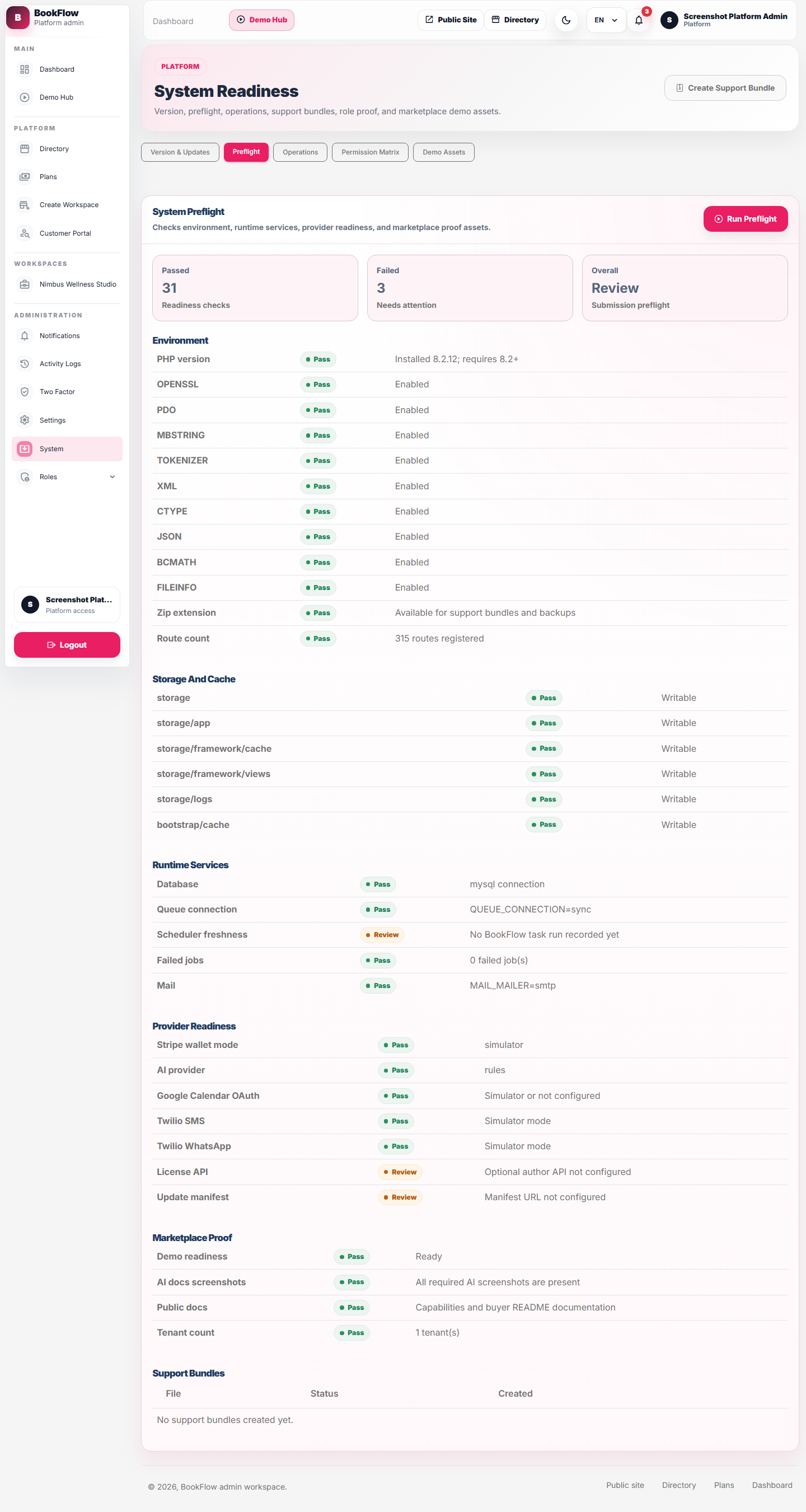 BookFlow system preflight screenshot