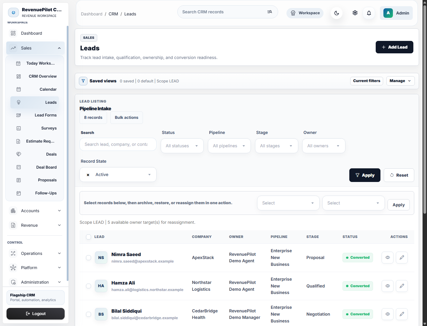 RevenuePilot CRM leads index