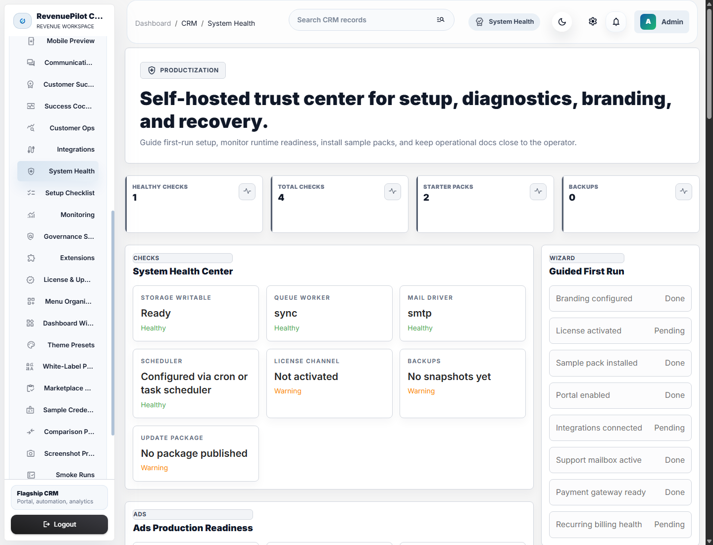 RevenuePilot system health screen