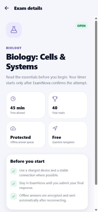Exam start readiness screen