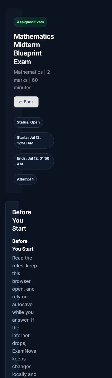 ExamNova exam instructions on a mobile viewport