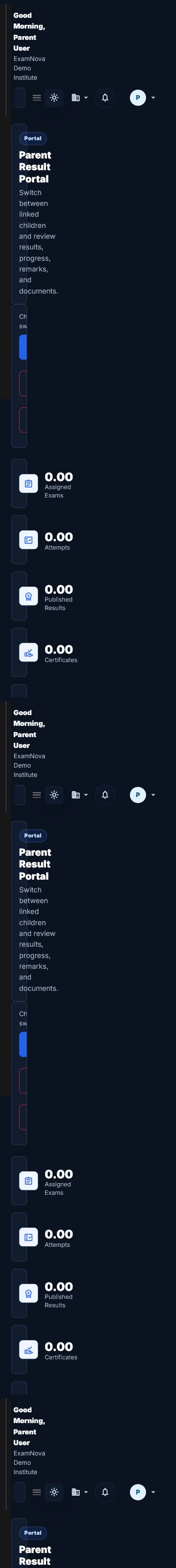 ExamNova parent portal on a mobile viewport