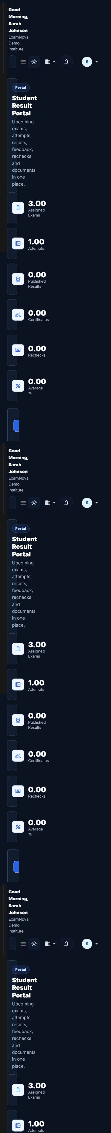 ExamNova student portal on a mobile viewport