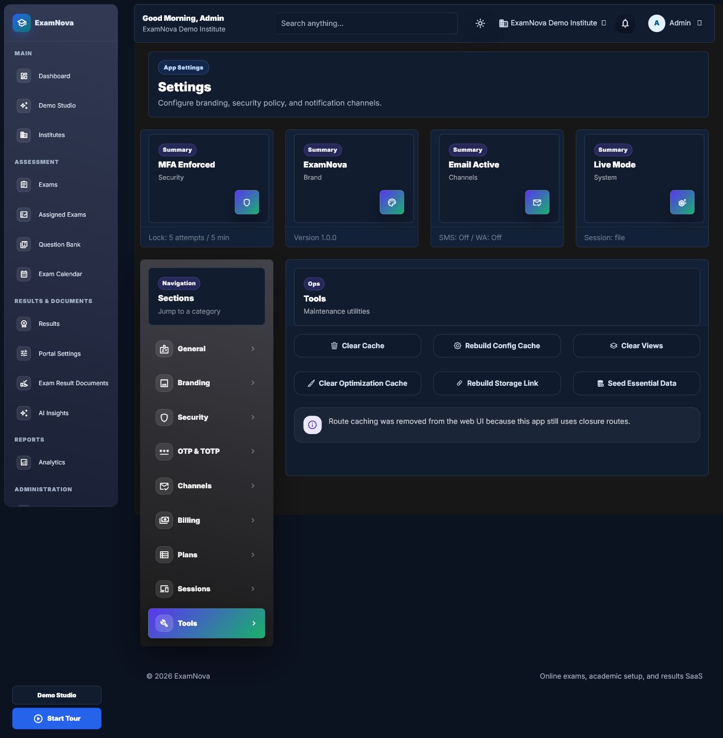 ExamNova protected settings tools