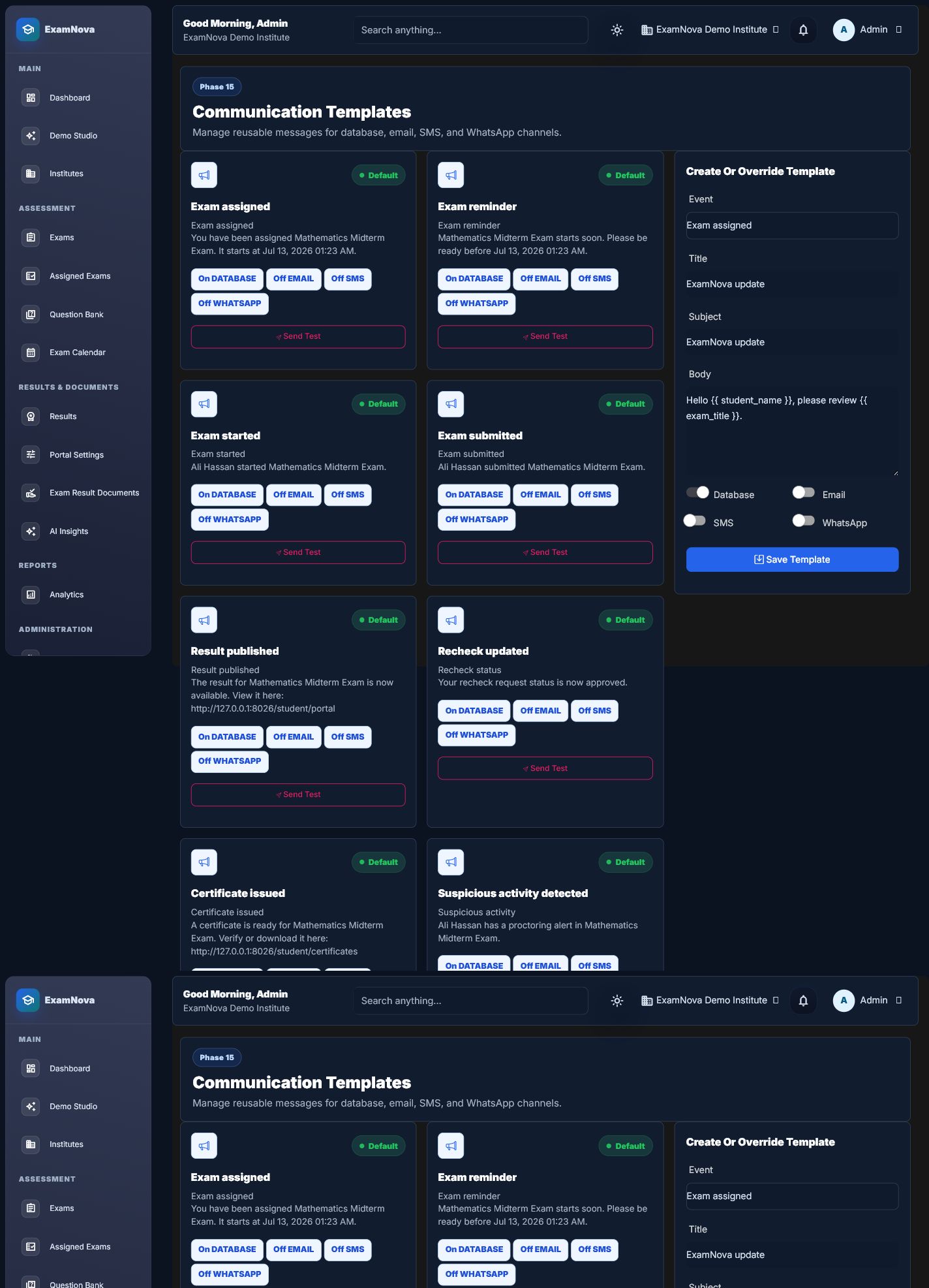 ExamNova communication templates