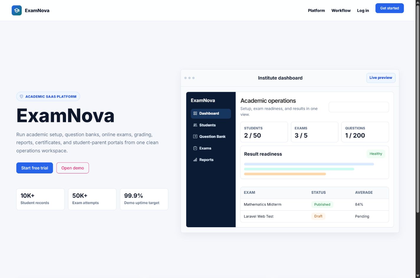 ExamNova public landing page