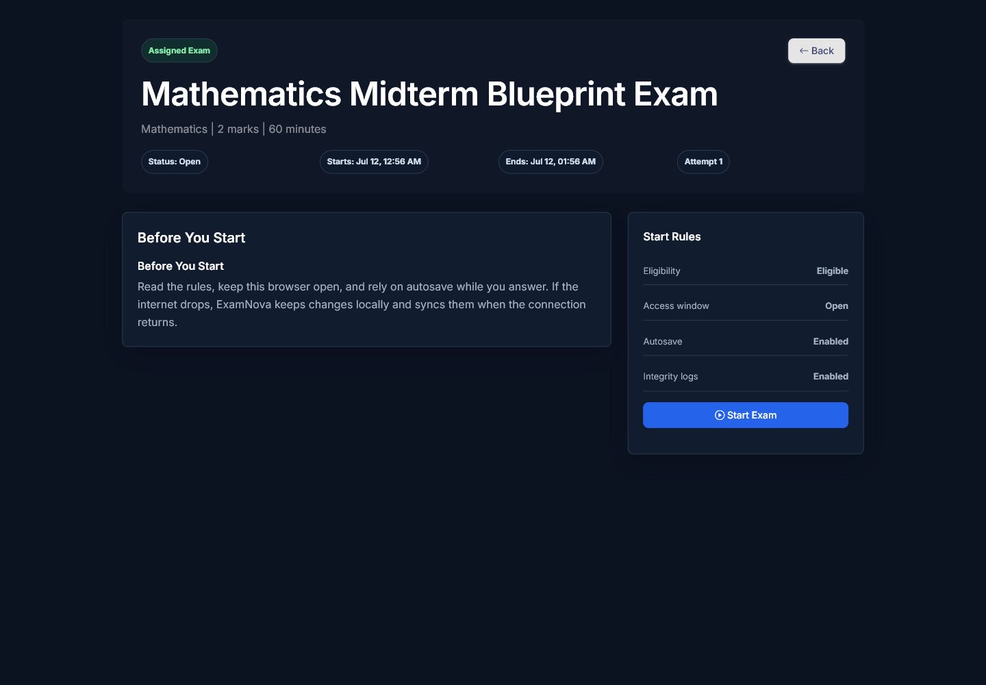 ExamNova exam instructions screen
