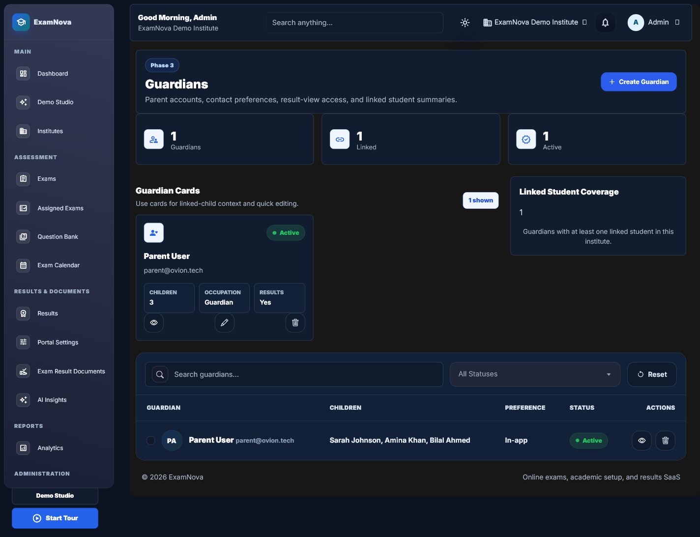 ExamNova guardians screen