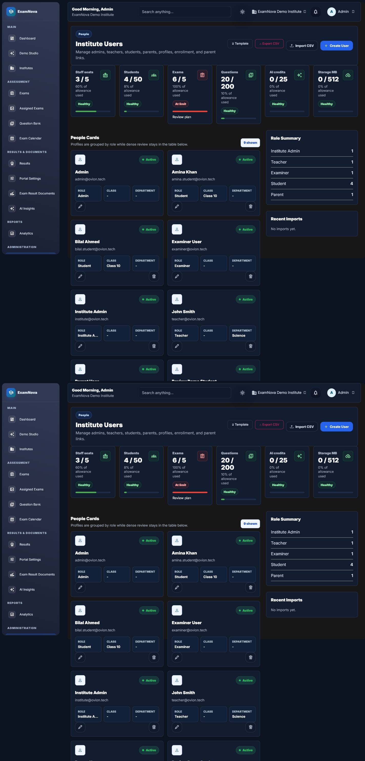 ExamNova institute users screen