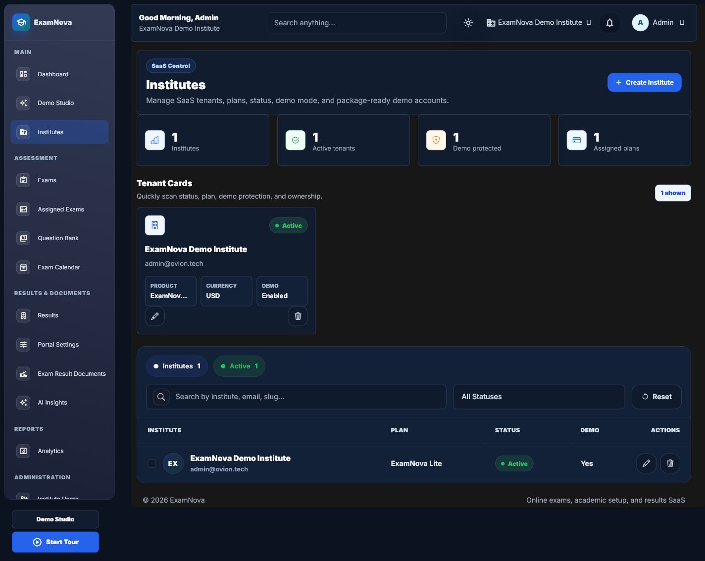 ExamNova institutes screen