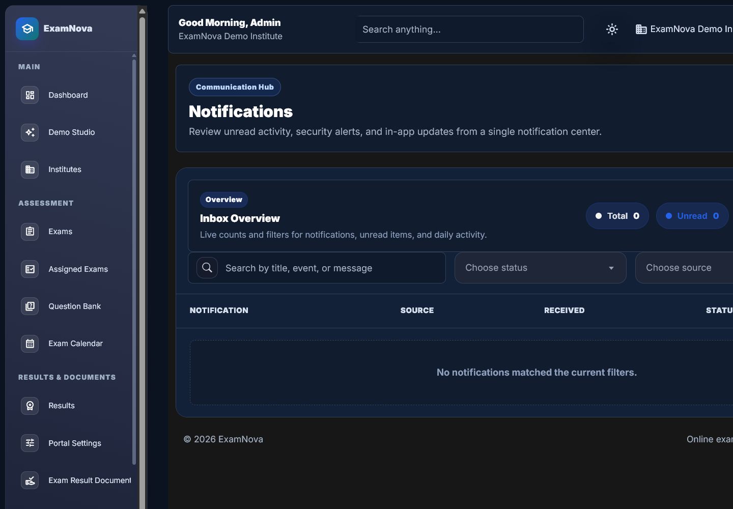 ExamNova notifications screen