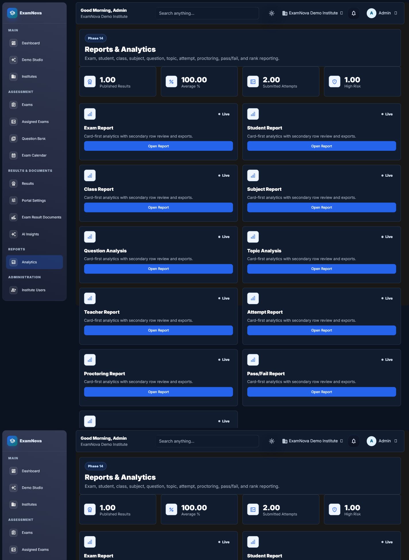 Reports screen in the seeded ExamNova demo