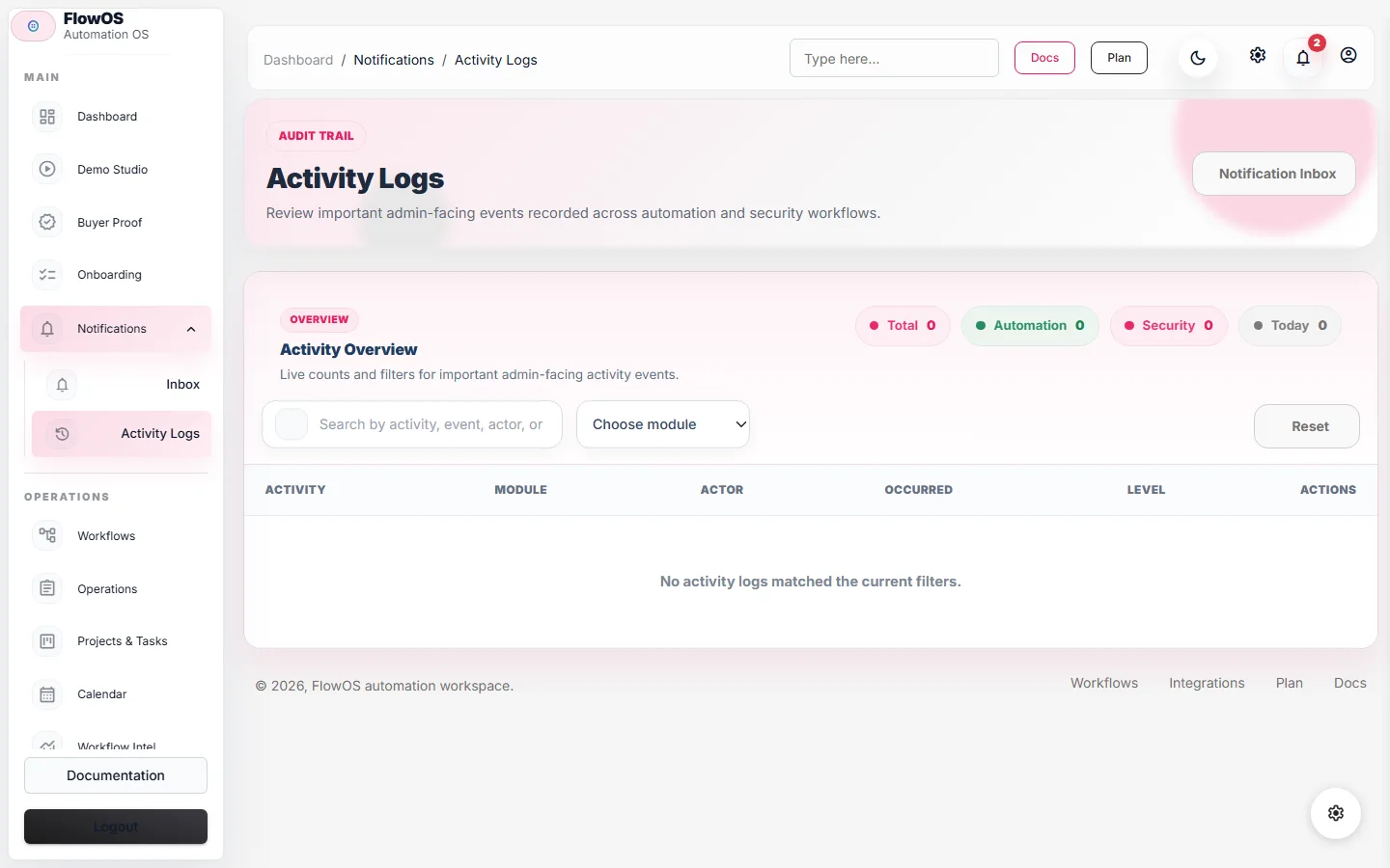 FlowOS activity log