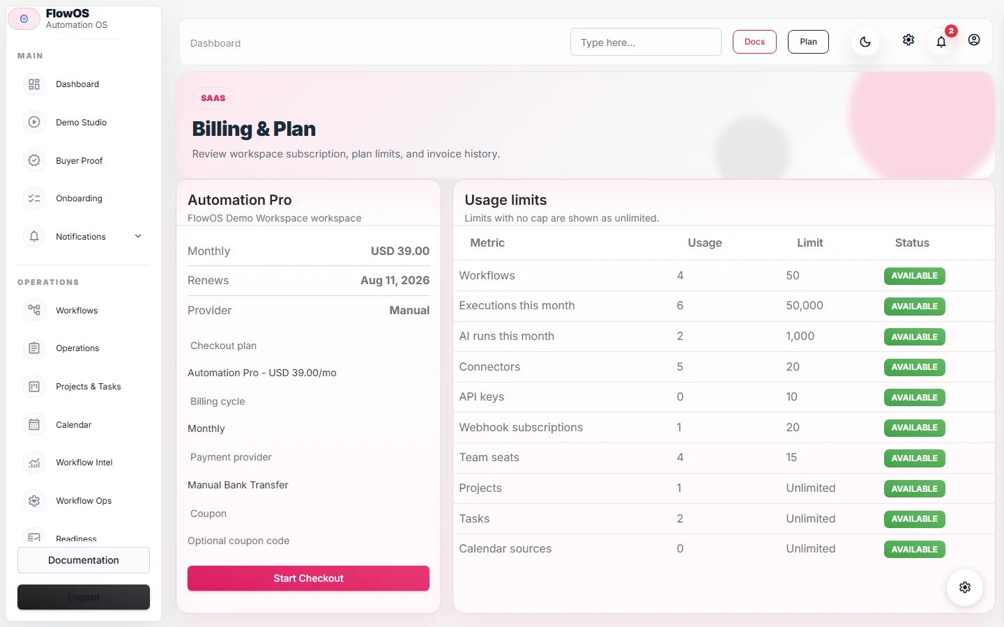 FlowOS tenant billing overview