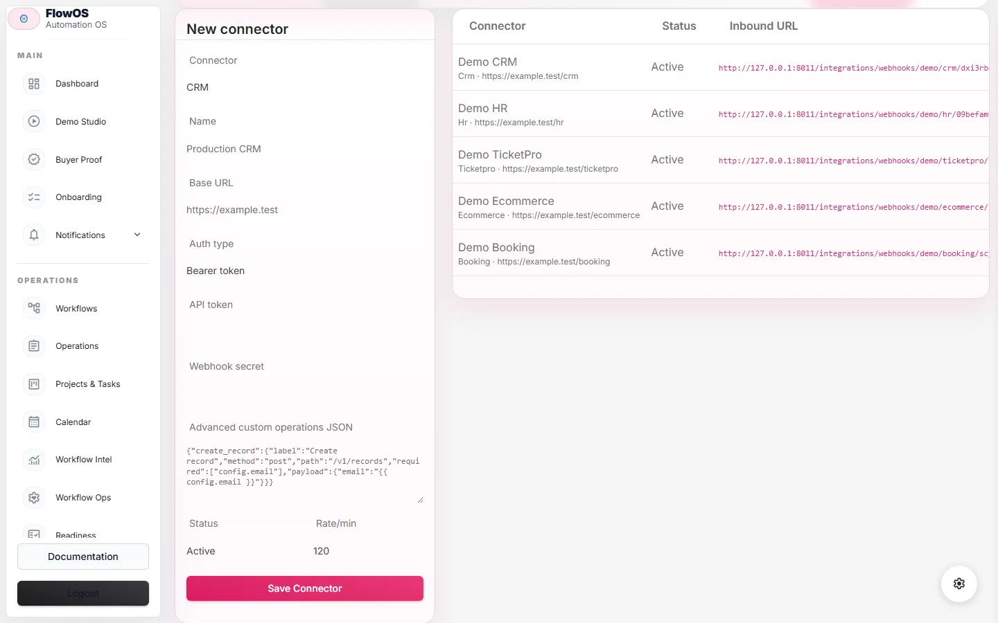 FlowOS connector registry and health