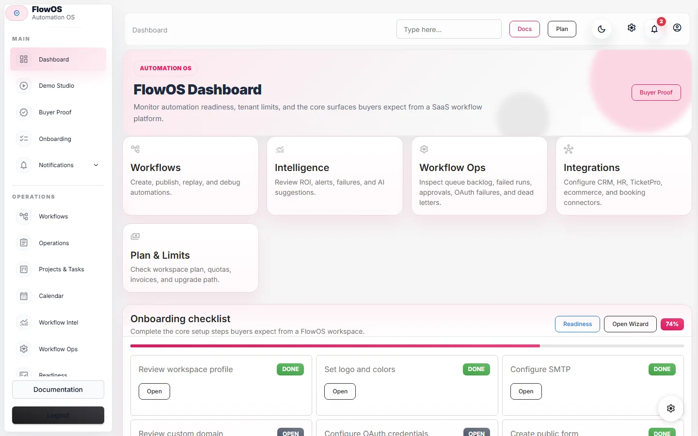 FlowOS tenant dashboard