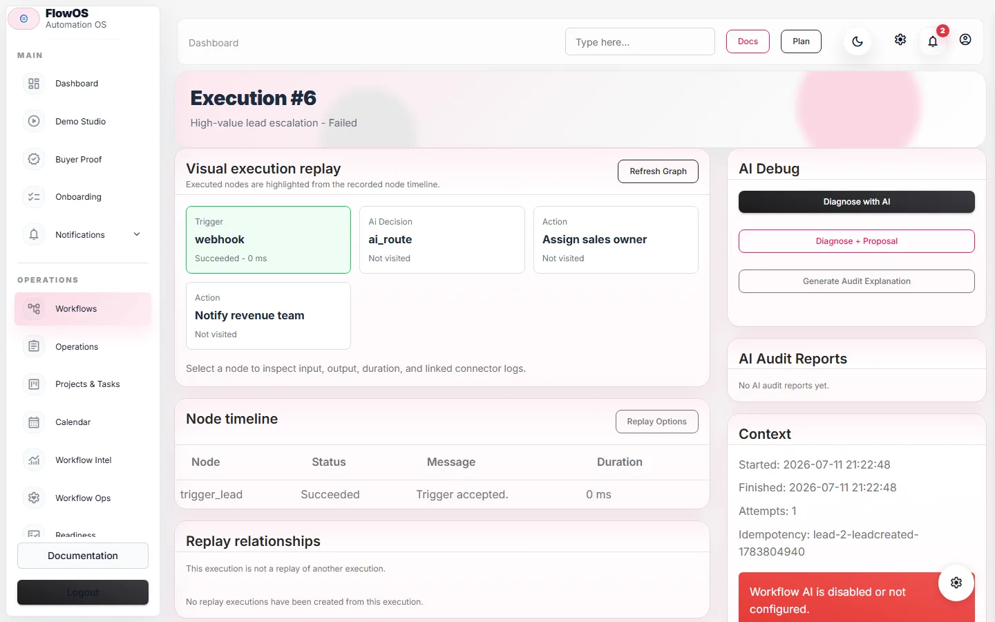 FlowOS execution trace with node logs and timing