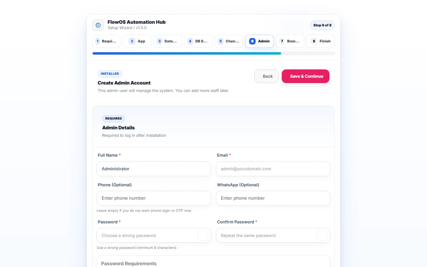 FlowOS installer first administrator form