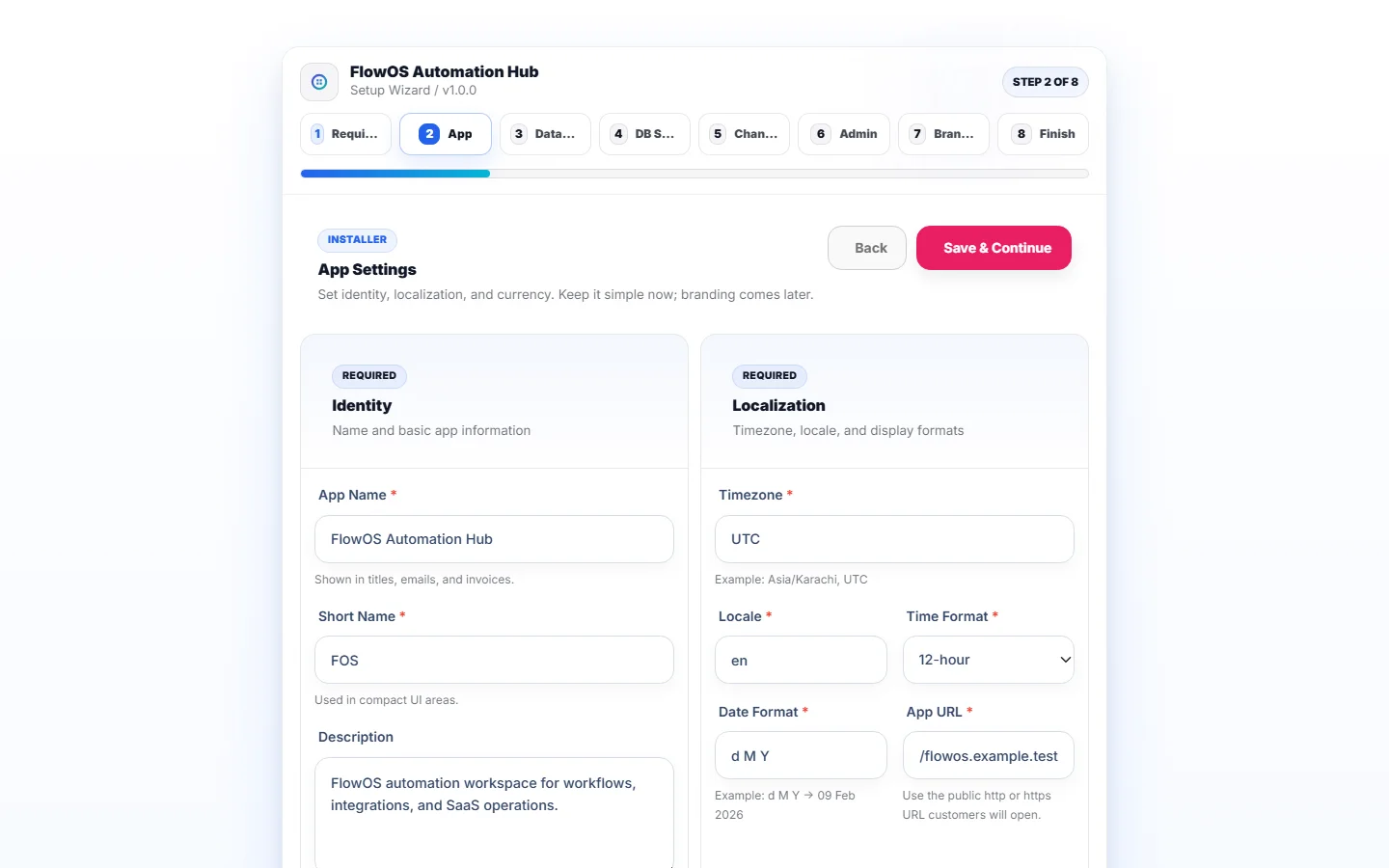 FlowOS installer application and domain settings