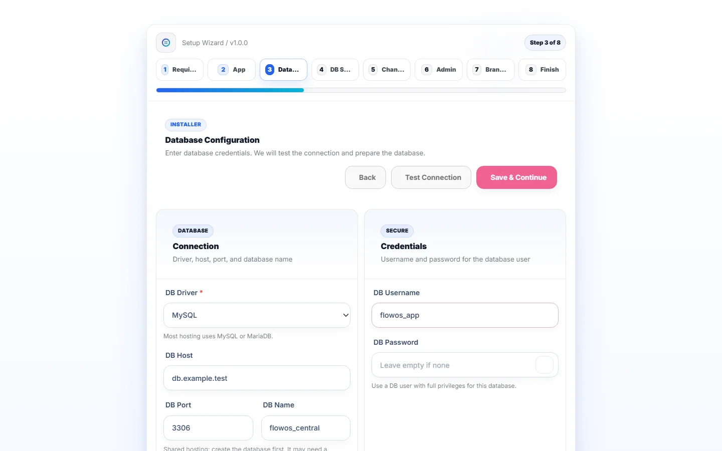FlowOS installer database configuration