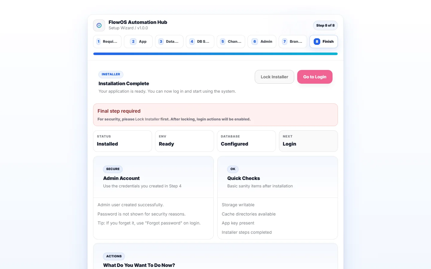 FlowOS installer completion screen