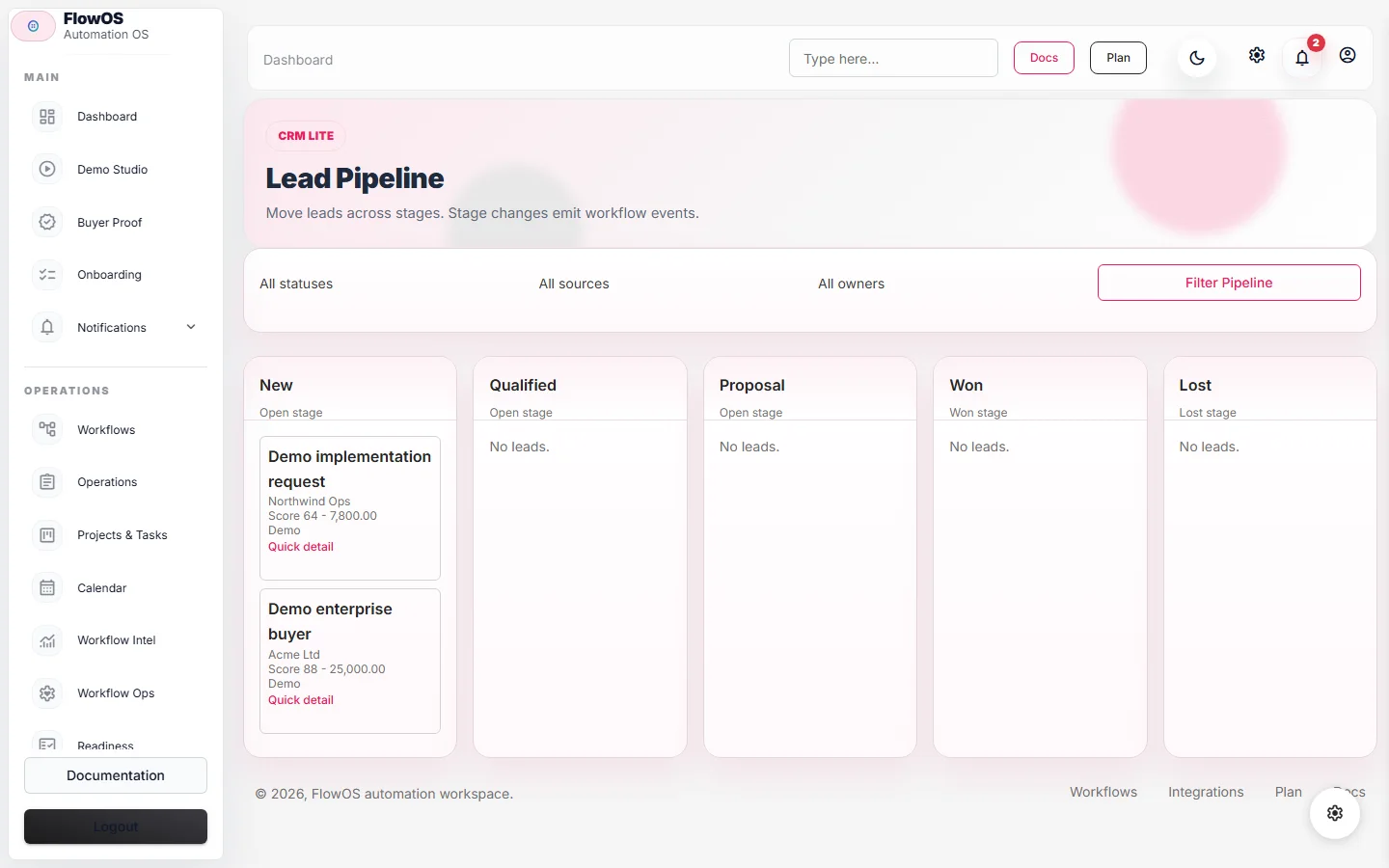 FlowOS CRM-lite lead pipeline