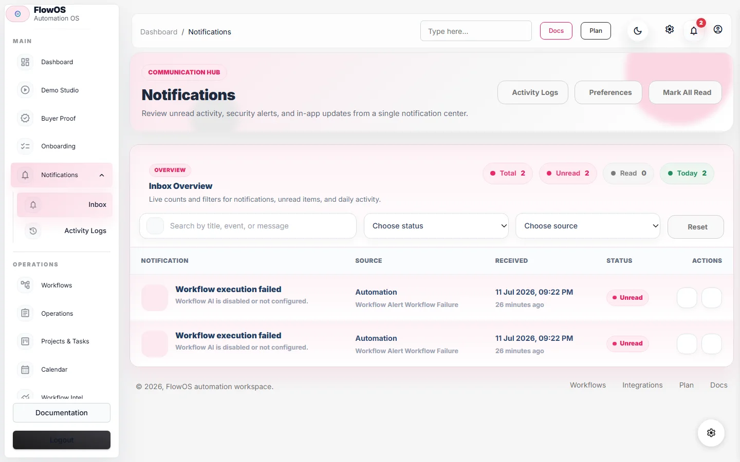 FlowOS notification inbox