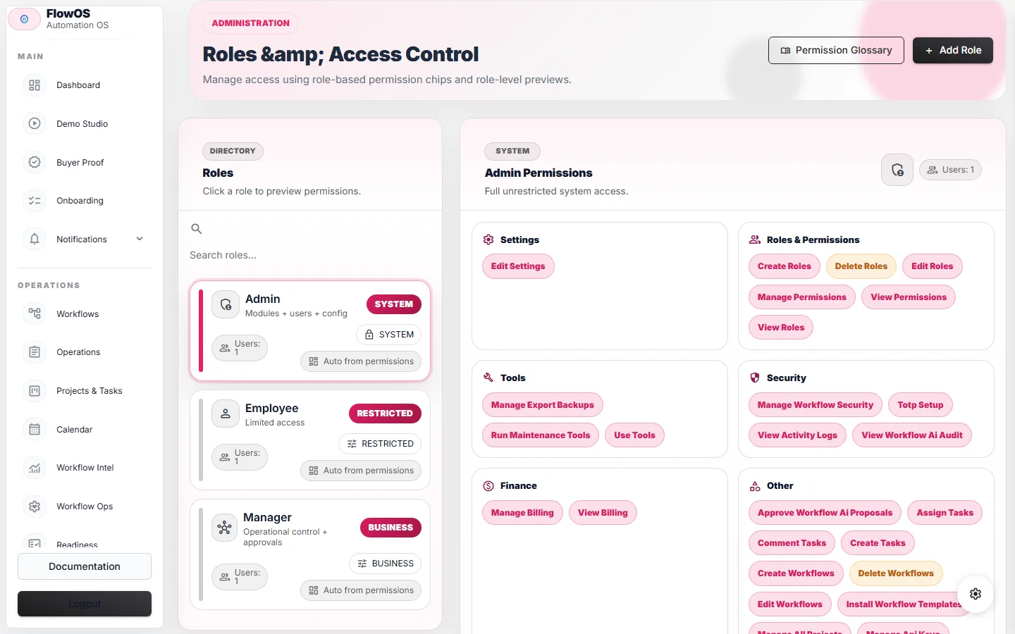 FlowOS roles page