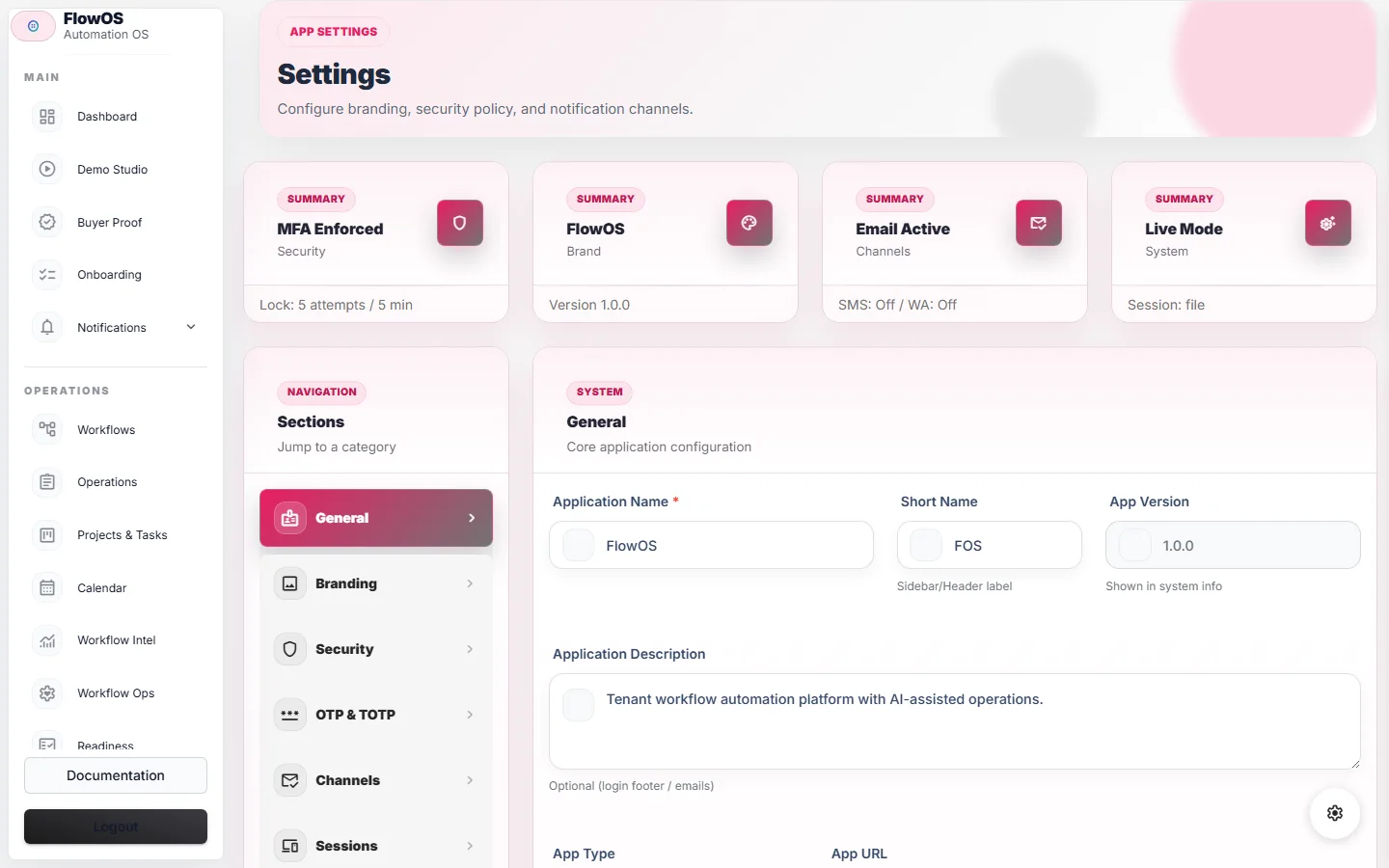 FlowOS workspace settings
