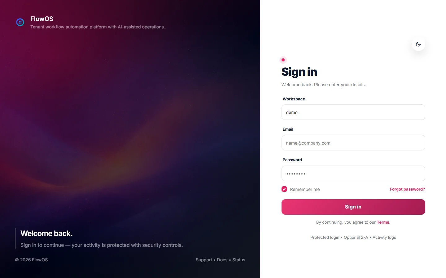 FlowOS tenant login with workspace field