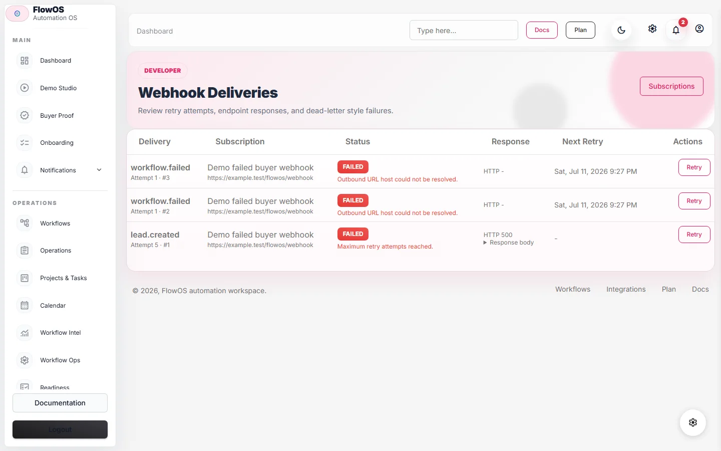 FlowOS webhook delivery history