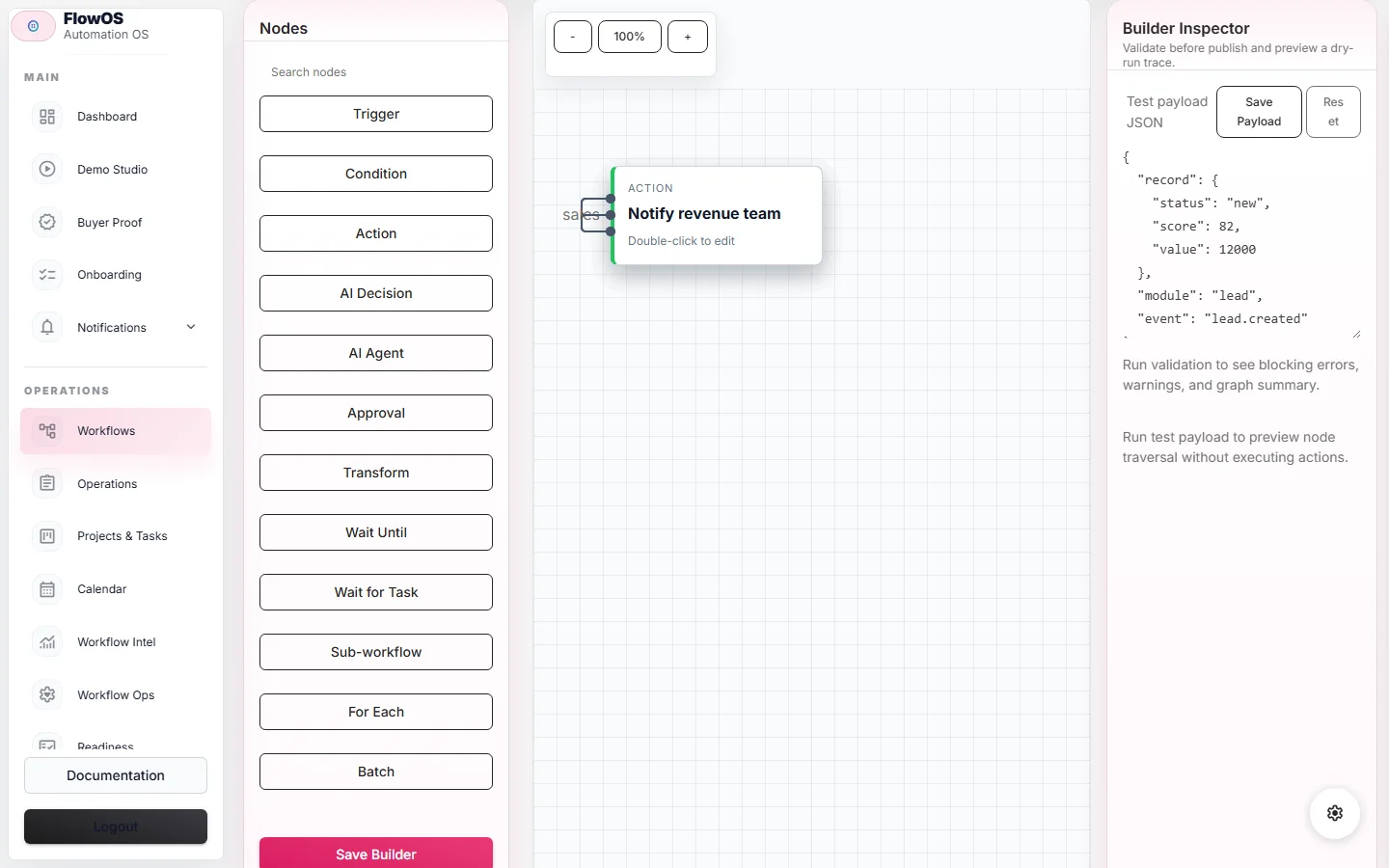 FlowOS visual workflow builder