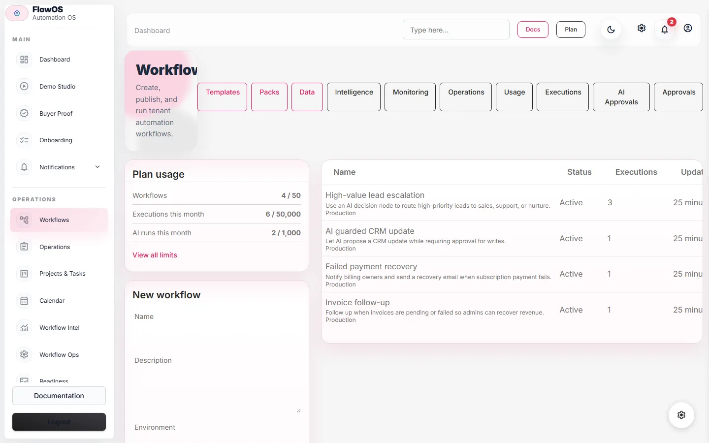 FlowOS workflow list with draft and run controls