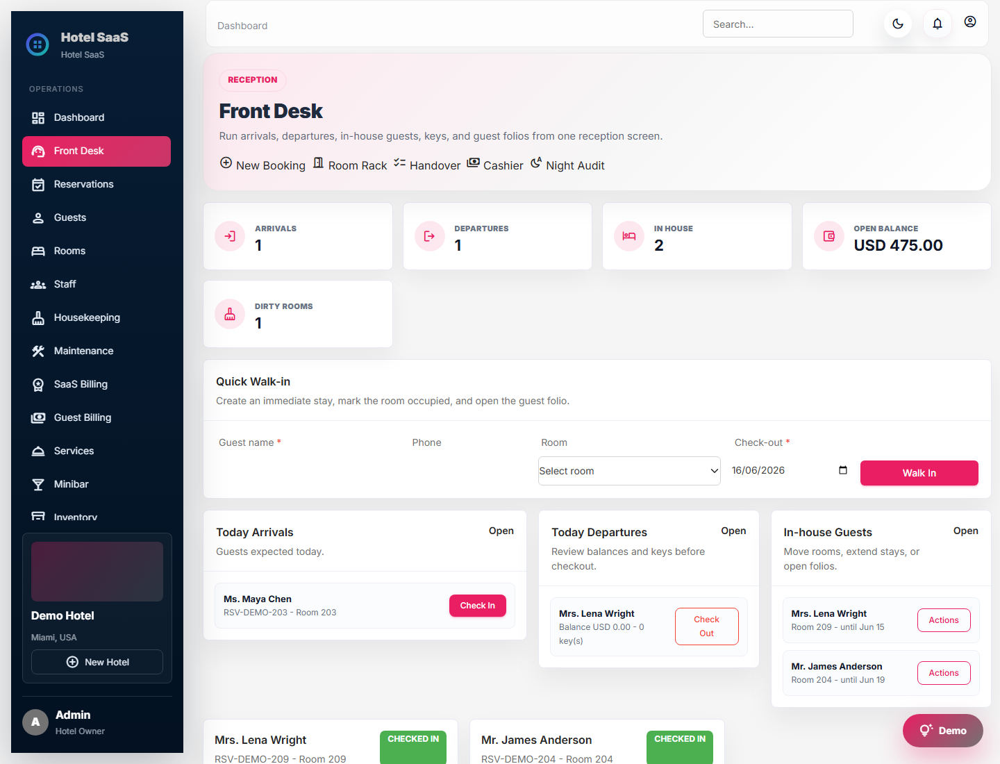 Front desk dashboard