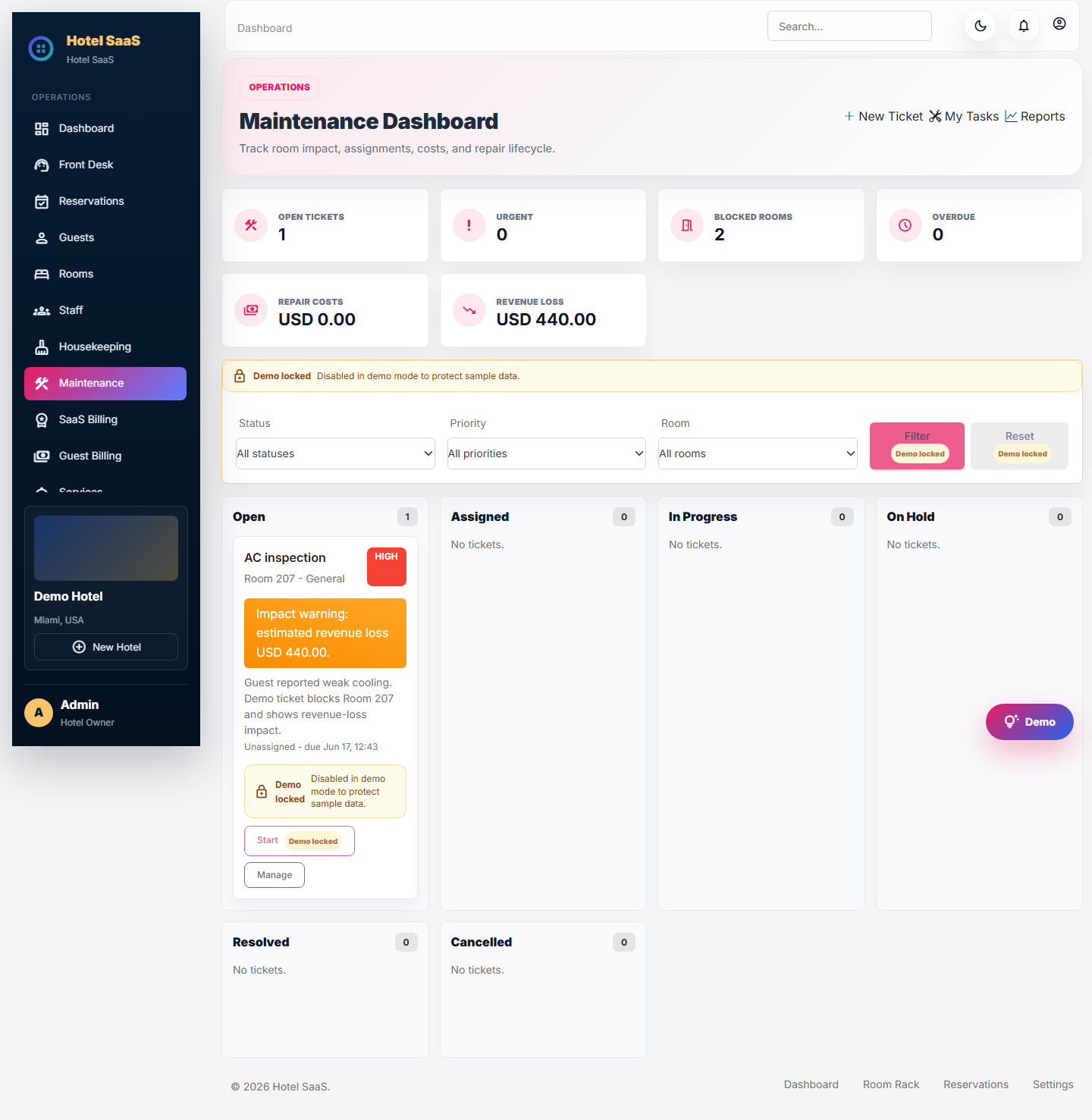 Maintenance dashboard