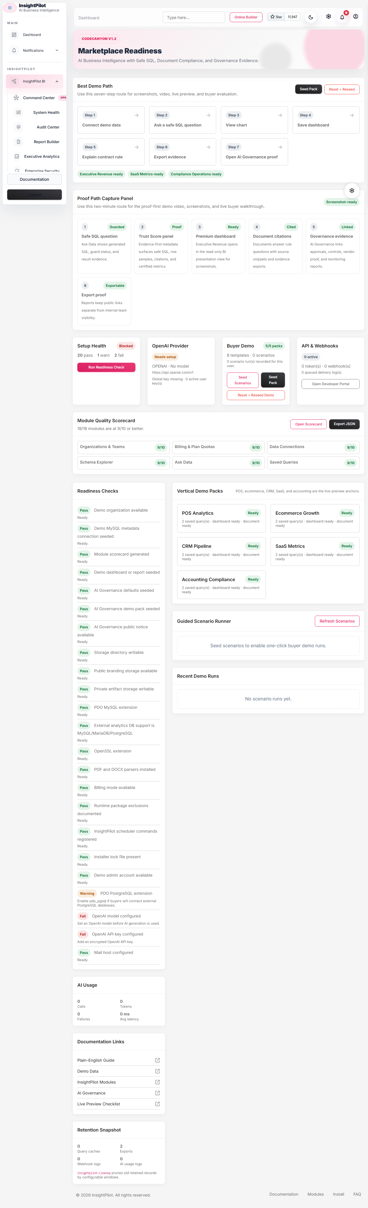 Marketplace Readiness screen with the proof path and buyer demo controls