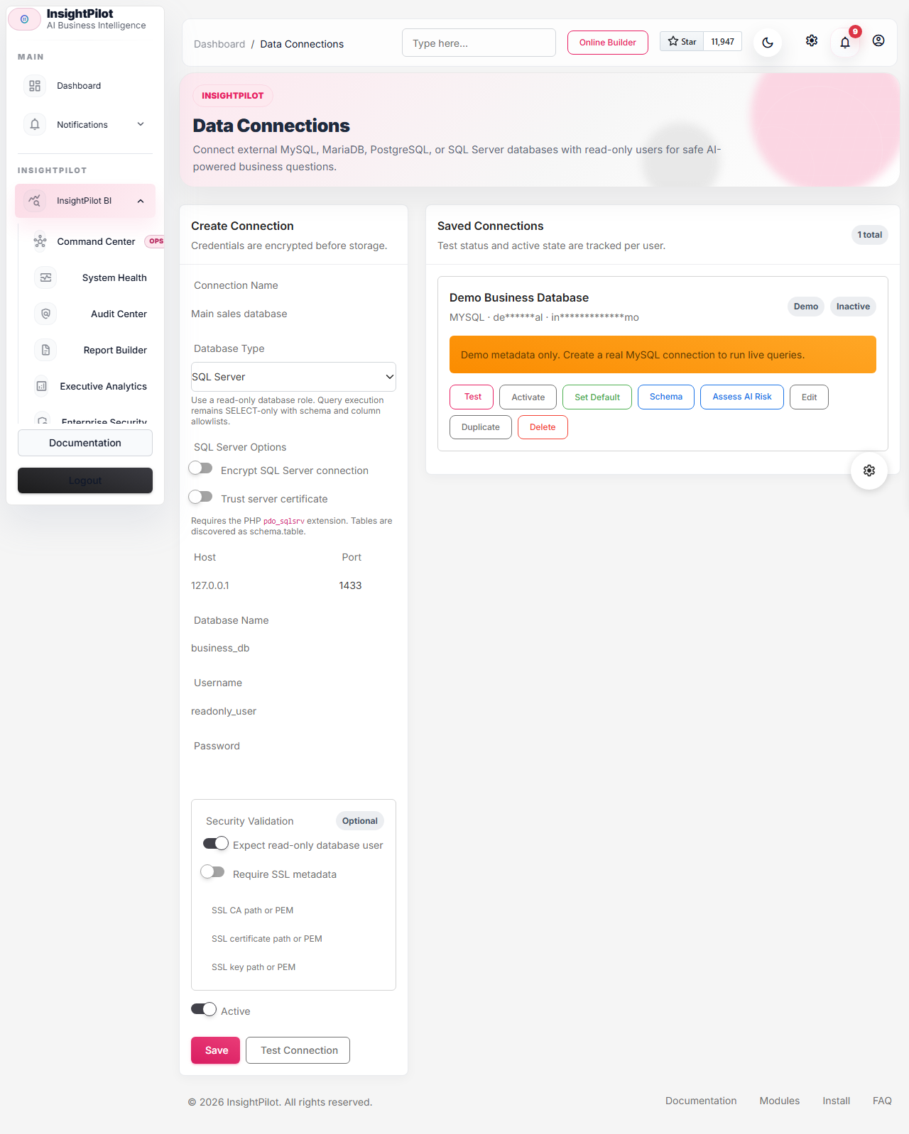 Data Connections page showing connector setup for analytics APIs and metadata