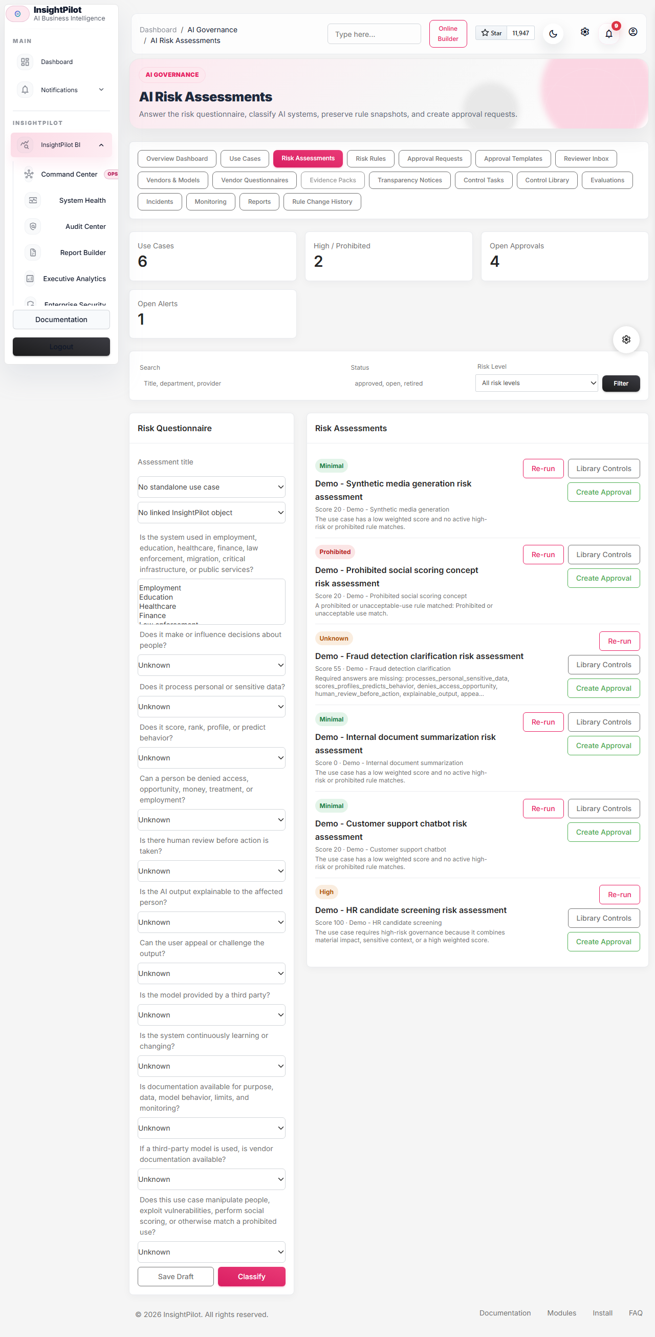 AI Governance risk assessment screen with questionnaire and classification context