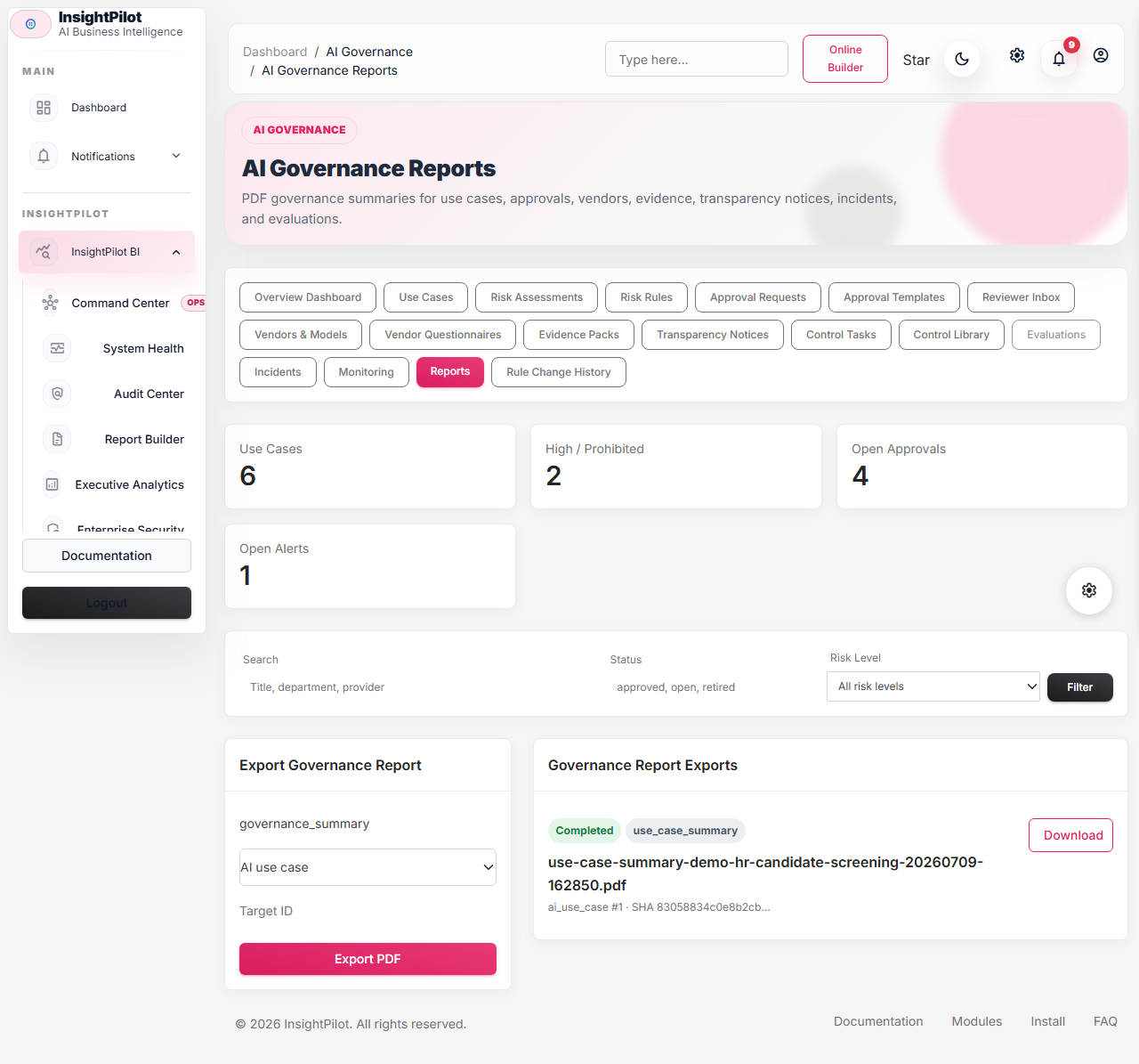 AI Governance reports page with governance report exports