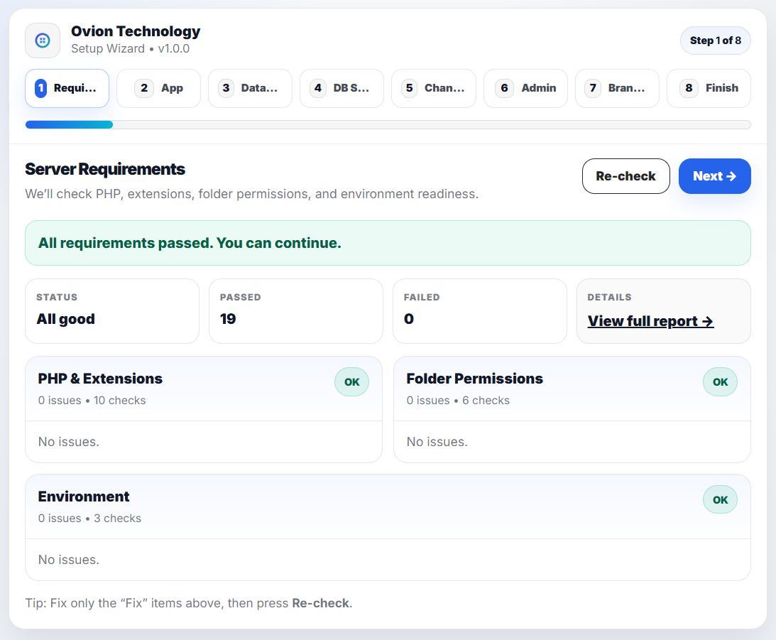 Installer requirements step showing server checks and permission readiness