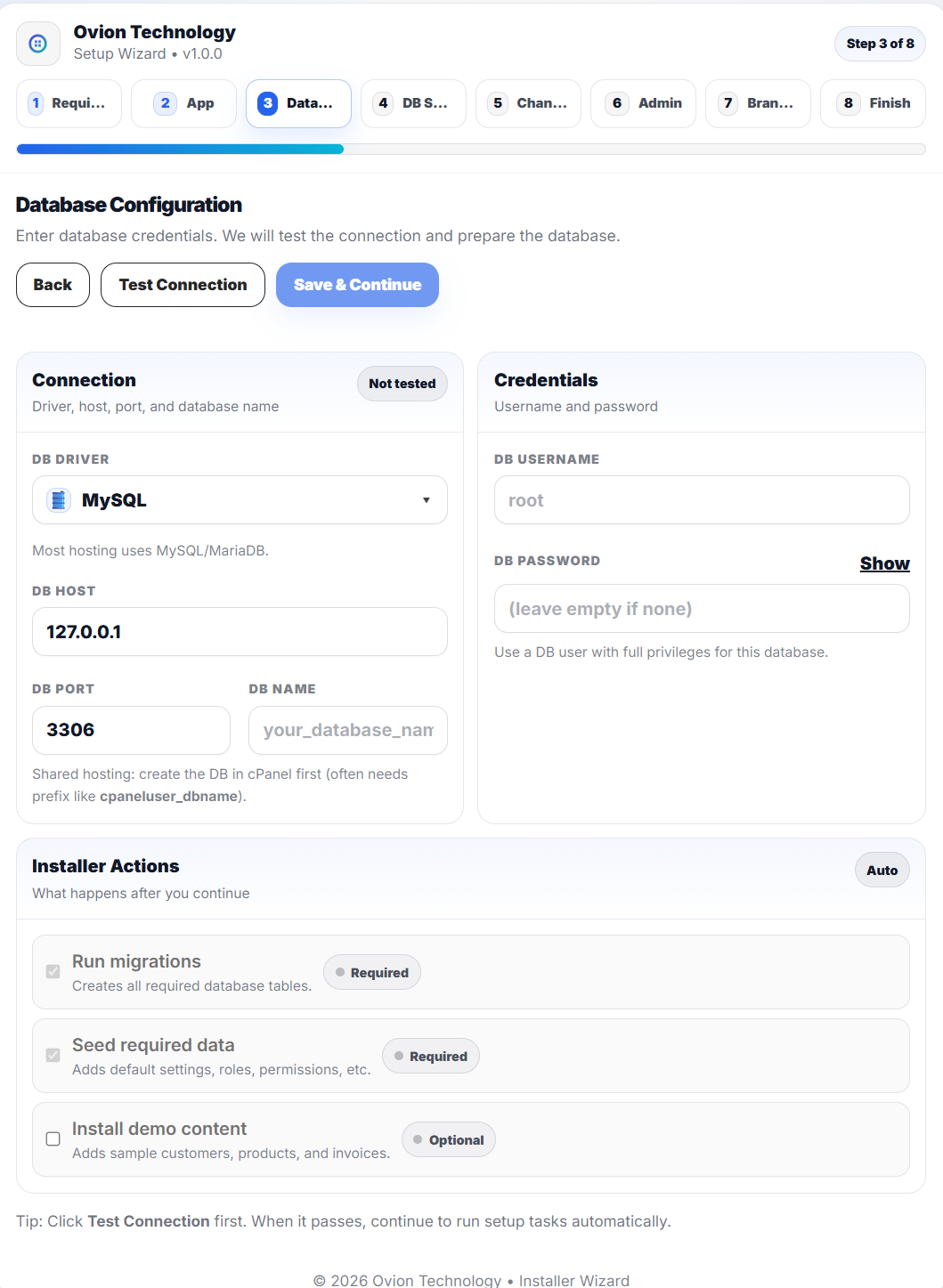 Installer database step for application database credentials