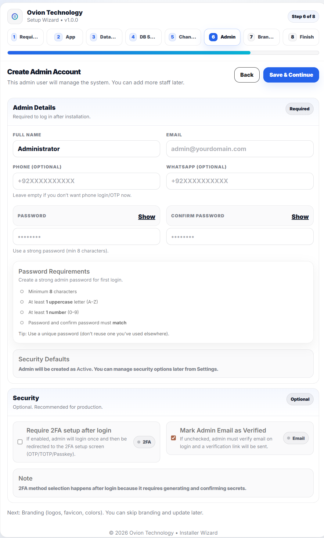 Installer admin account creation step