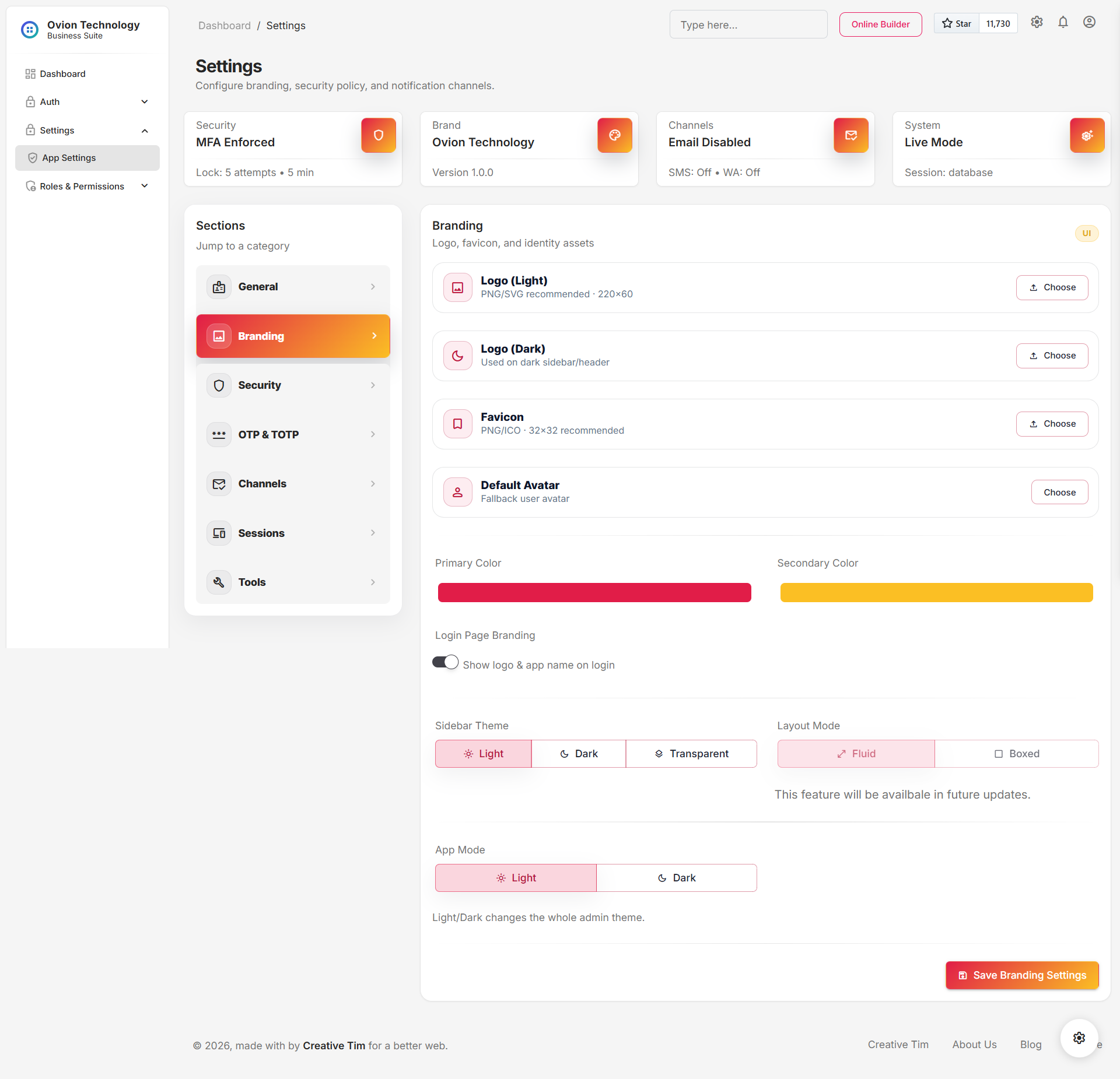 Branding settings page for logo, favicon, colors, and layout choices