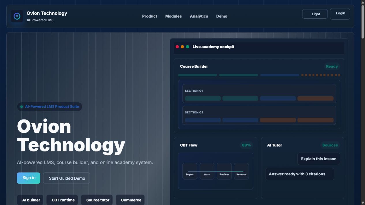 Live Academy LMS public product entry page with academy cockpit preview