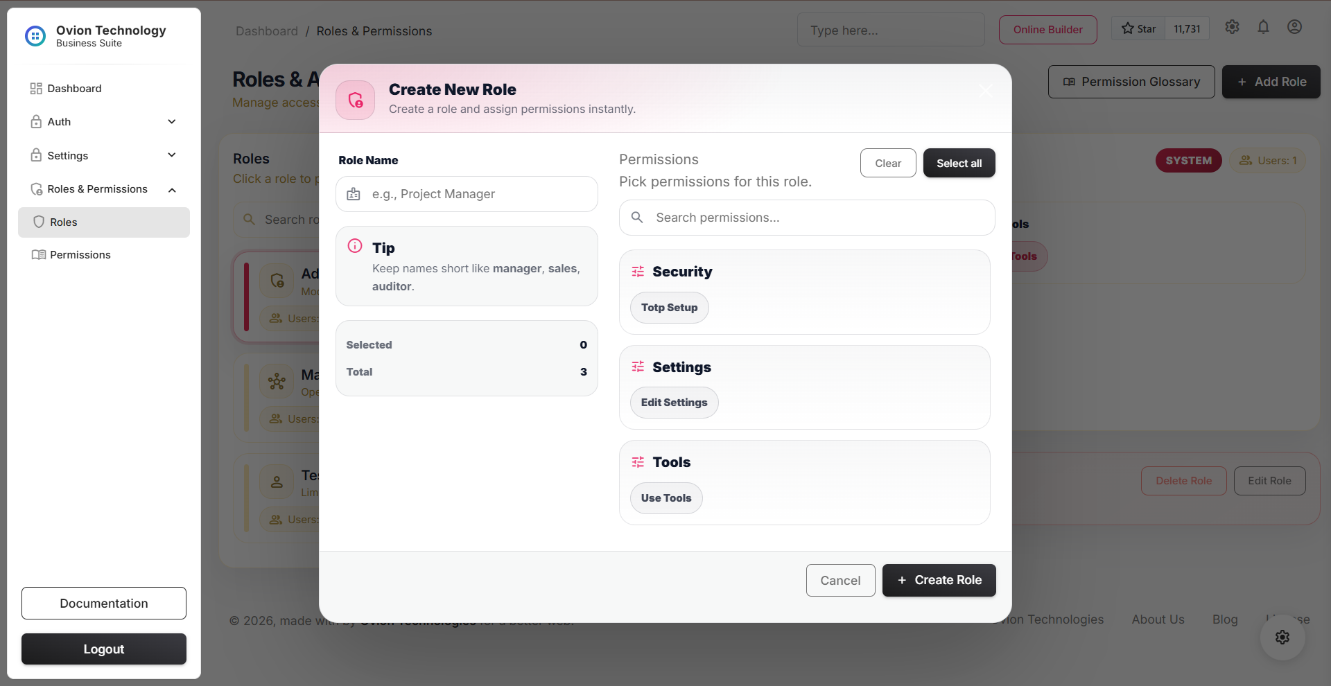 Create role screen
