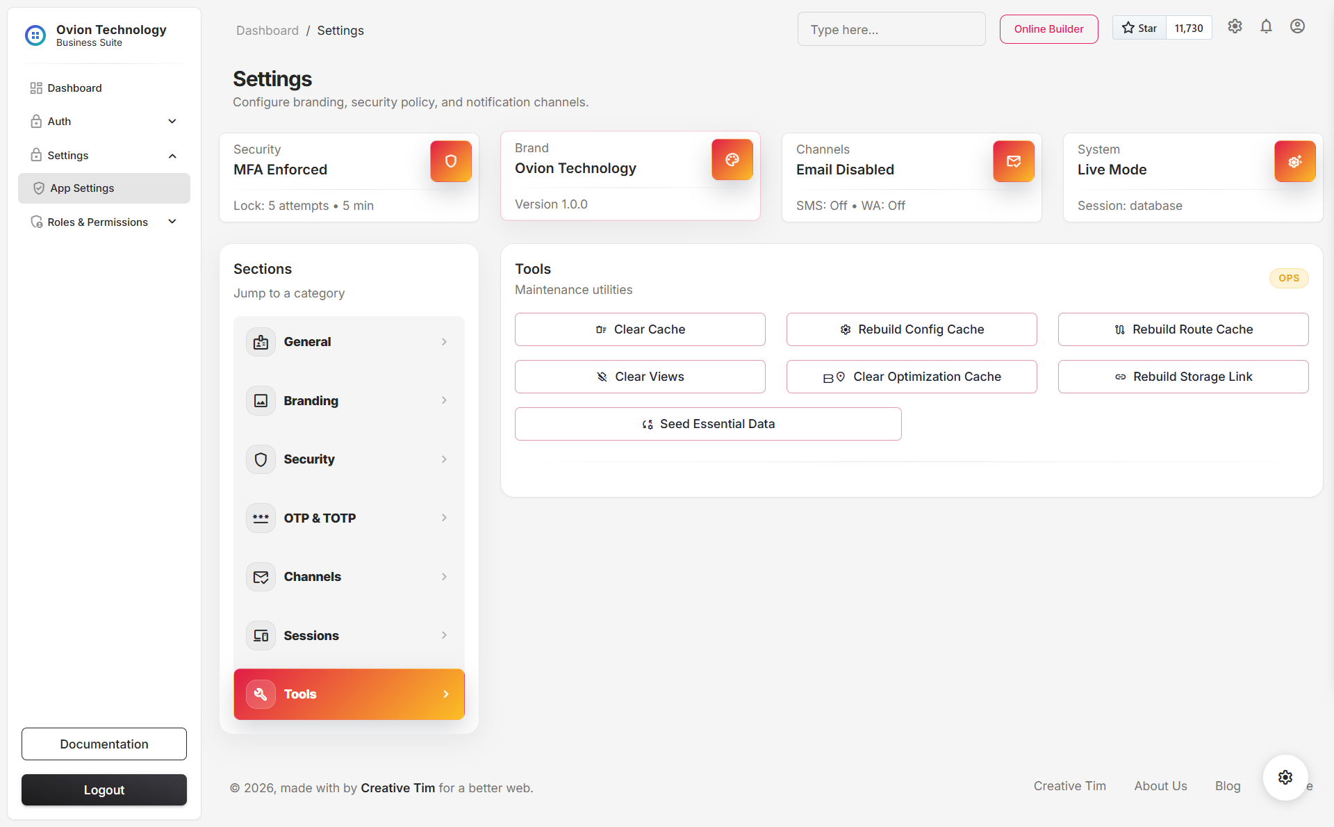 Tools screen