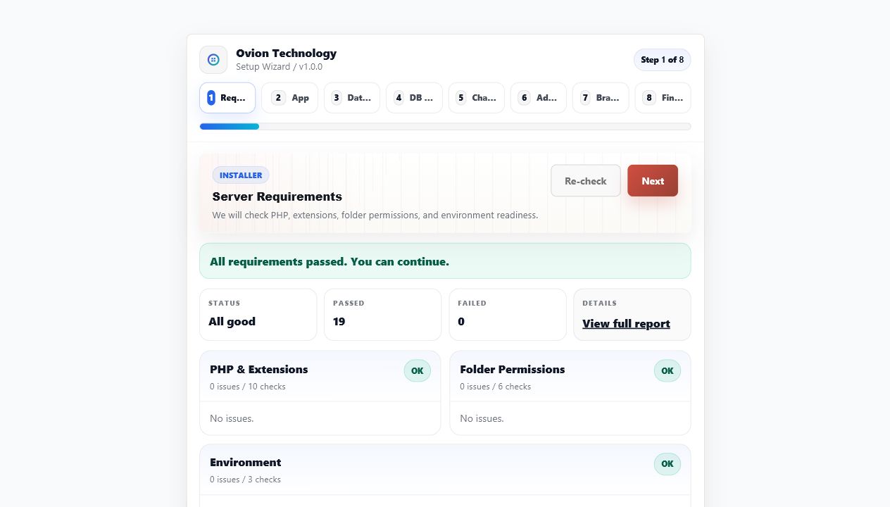 Live installer screenshot after the hospitality UI redesign